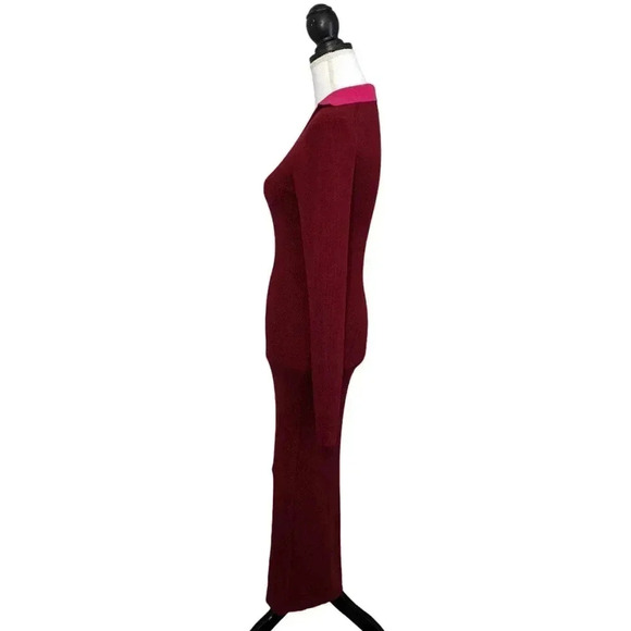Naadam Burgundy Red Ribbed V Neck Collared Midi Dress Size Small Long Sleeve - Picture 3 of 8